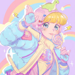 Rule 34 | 1girl, animification, apex legends, blonde hair, blue eyes, blue gloves, blue jacket, blush, bodysuit, bow, breasts, cable, candy, drawstring, food, gloves, green bow, highres, holding, holding candy, holding food, holding lollipop, hood, hood down, hooded jacket, jacket, kawaii voltage wattson, kogane mushi, lightning bolt symbol, lollipop, medium breasts, official alternate costume, pink bodysuit, pink bow, pink headwear, rainbow, red bow, ribbed sweater, smile, solo, sparkle, star (symbol), stuffed toy, sweater, tongue, tongue out, wattson (apex legends), waving, yellow sweater