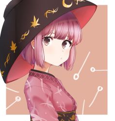 Rule 34 | black eyes, blunt bangs, bowl, bowl hat, commentary request, from side, hat, highres, japanese clothes, kimono, korean text, looking at viewer, obi, pout, purple hair, purple kimono, saple, sash, short hair, simple background, solo, sukuna shinmyoumaru, touhou, upper body