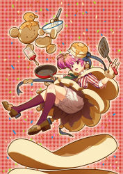 Rule 34 | 1girl, :3, :d, bloomers, bottle, bow, brown footwear, cape, earrings, flipping food, food, food-themed clothes, food-themed hair ornament, frying pan, full body, hair ornament, highres, honey, jewelry, kneehighs, looking at viewer, mixing bowl, morinaga (brand), open mouth, original, pancake, personification, pink hair, plaid, plaid background, purple socks, red background, red eyes, shirt, shoes, short hair, side ponytail, smile, socks, solo, spatula, striped bow, striped clothes, striped shirt, underwear, whisk, white bloomers, yuasa tsugumi