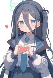 Rule 34 | 1girl, absurdly long hair, aqua halo, aris (blue archive), black hair, blue archive, blue eyes, blue hairband, blue necktie, blue skirt, blush, collared shirt, hairband, halo, heart, heart hands, highres, jacket, long bangs, long hair, looking at viewer, necktie, one side up, open clothes, open jacket, pleated skirt, rectangular halo, shirt, skirt, smile, solo, user famy2743, very long hair