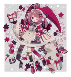 Rule 34 | 1girl, absurdres, ahoge, asymmetrical legwear, bell, black bow, black eyes, black gloves, black hat, black ribbon, boots, bow, box, brown hair, candy, candy cane, capelet, dress, flat chest, food, footwear bow, full body, gift, gift box, gloves, hat, heterochromia, highres, holding, holding sack, long sleeves, mismatched legwear, neck bell, neck ribbon, open mouth, original, pink eyes, red capelet, ribbon, sack, santa hat, smile, socks, solo, sweat, twintails, usagi nui