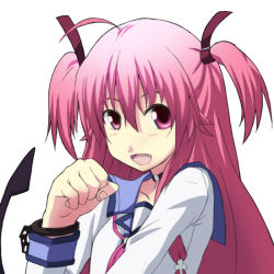Rule 34 | 10s, 1girl, angel beats!, belt, blush, chain, demon tail, fang, long hair, paw pose, pink eyes, pink hair, school uniform, serafuku, short twintails, solo, tail, twintails, two side up, yu (a1026y), yui (angel beats!)