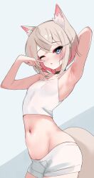 Rule 34 | 1girl, absurdres, animal ear fluff, animal ears, armpits, black choker, blonde hair, blue eyes, blush, camisole, choker, commentary, crop top, dog ears, dog girl, dog tail, english commentary, flat chest, groin, highres, hololive, hololive english, looking at viewer, midriff, mococo abyssgard, multicolored hair, navel, one eye closed, parted lips, pink hair, rifufu, short hair, short shorts, shorts, solo, stomach, streaked hair, tail, virtual youtuber, white background, white camisole, white shorts