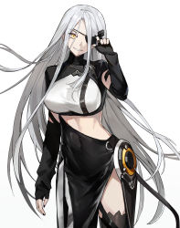 Rule 34 | 1girl, alchemist (girls&#039; frontline), arm at side, black dress, black gloves, black nails, black thighhighs, breasts, cowboy shot, dress, elbow gloves, eyepatch, fingerless gloves, girls&#039; frontline, gloves, grey hair, hair ornament, highres, kuza brs, large breasts, long hair, looking at viewer, nail polish, parted lips, simple background, smile, solo, standing, thighhighs, very long hair, white background, yellow eyes