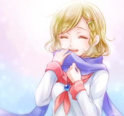 Rule 34 | 1girl, :d, blonde hair, blue scarf, braid, copyright request, hair ornament, hairclip, long sleeves, open mouth, scarf, short hair, simple background, smile, solo, t0day8, upper body
