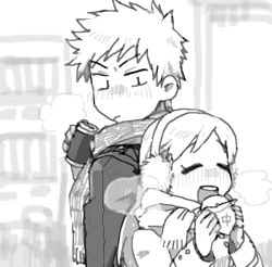 Rule 34 | 1boy, 1girl, bleach, can, coat, earmuffs, closed eyes, food, greyscale, holding, holding can, holding food, inoue orihime, kurosaki ichigo, long hair, long sleeves, looking at another, monochrome, muraosa (conjecture), open mouth, scarf, short hair, spiked hair, teeth, upper body, upper teeth only