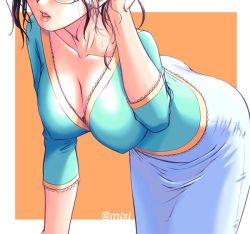 Rule 34 | 1girl, bent over, breasts, cleavage, collarbone, fancy top, glasses, head out of frame, katou ryouichi, large breasts, leaning forward, lips, lipstick, makeup, messy hair, mature female, open mouth, original, skirt, solo, v-neck