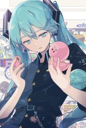 Rule 34 | 1girl, aqua eyes, aqua hair, belt, black shirt, casual, chain, charm (object), commentary, expressionless, figure, gashapon, hair ornament, hatsune miku, headphones, highres, holding, holding toy, kagamine len, kagamine rin, long hair, looking at object, megurine luka, meiko (vocaloid), parted lips, pink hair, shirt, signature, solo, sparkle, toy, twintails, upper body, very long hair, vocaloid, wanaxtuco