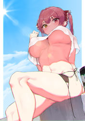 Rule 34 | 1girl, absurdres, bad id, bad twitter id, bare legs, bikini, black bikini, blue sky, blush, breasts, can, closed mouth, commentary, crop top, crop top overhang, day, feet out of frame, hair ribbon, heterochromia, highres, holding, hololive, houshou marine, large breasts, lens flare, looking at viewer, looking down, navel, no bra, outdoors, pomesaurus, purple hair, red eyes, red ribbon, ribbon, short sleeves, side-tie bikini bottom, sitting, sky, solo, stomach, sun, sweat, swimsuit, symbol-only commentary, thighs, twintails, underboob, upshirt, v-shaped eyebrows, virtual youtuber, yellow eyes
