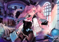 Rule 34 | 1girl, ascot, black gloves, blue eyes, book, book stack, brown pantyhose, closed mouth, globe, gloves, hair over one eye, hair ribbon, holding, holding book, indoors, long hair, long sleeves, looking at viewer, original, pantyhose, pink ascot, pink hair, puffy long sleeves, puffy sleeves, ribbon, saku nosuke, solo, suzette (sa9no), thick eyebrows, thigh strap