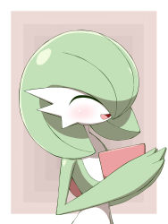 absurdres, blush, colored skin, commentary request, creatures (company), eyes closed, game freak, gardevoir, gen 3 pokemon, hands together, highres, multicolored, multicolored background, nintendo, open mouth, pokemon, pokemon (creature), shabana may, smile, solo, spikes, tongue, upper body, white skin
