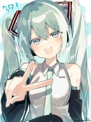 Rule 34 | 1girl, 39, :d, absurdres, black sleeves, black thighhighs, blue eyes, collared shirt, commentary request, detached sleeves, green hair, green necktie, hair between eyes, hatsune miku, head tilt, highres, long hair, long sleeves, looking at viewer, miku day, necktie, open mouth, outstretched arm, shirt, signature, sleeveless, sleeveless shirt, smile, sofra, solo, teeth, thighhighs, twintails, twitter username, upper body, upper teeth only, v, very long hair, vocaloid, white shirt, wide sleeves