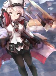 Rule 34 | 10s, 1girl, absurdres, bad id, bad pixiv id, black gloves, black pantyhose, blonde hair, breasts, capelet, celtic knot, gloves, graf zeppelin (kancolle), grey eyes, hat, highres, impossible clothes, jacket, kantai collection, large breasts, looking at viewer, machinery, military, military hat, military uniform, necktie, pantyhose, peaked cap, ranf, sidelocks, solo, tsurime, uniform, white hat