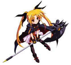 Rule 34 | 10s, 1girl, bardiche (axe form) (nanoha), bardiche (nanoha), blonde hair, brown eyes, cape, fate testarossa, fate testarossa (movie 1st form), gloves, highres, katochin (skpresents), long hair, lyrical nanoha, mahou shoujo lyrical nanoha, mahou shoujo lyrical nanoha a&#039;s, mahou shoujo lyrical nanoha the movie 1st, simple background, smile, solo, thighhighs, twintails