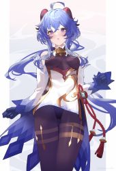 Rule 34 | 1girl, :o, absurdres, ahoge, bare shoulders, bell, black leotard, black pantyhose, blue gloves, blue hair, blush, bodystocking, bodysuit, breasts, chinese knot, clothes lift, cowboy shot, detached sleeves, flower knot, ganyu (genshin impact), genshin impact, gloves, gold trim, groin, highres, horns, kobayuu, legs together, leotard, leotard under clothes, long hair, looking at viewer, low ponytail, medium breasts, neck bell, open mouth, pantyhose, pelvic curtain, pelvic curtain lift, purple eyes, sidelocks, solo, standing, tassel, thigh gap, thighlet, thighs, vision (genshin impact), white sleeves