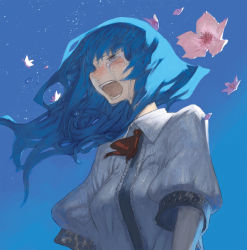 Rule 34 | 1girl, bad id, bad pixiv id, blush, chomoran, crying, crying with eyes open, face, female focus, flower, hinanawi tenshi, open mouth, sad, solo, tears, touhou, wind