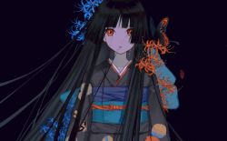 Rule 34 | 1girl, black background, black hair, black kimono, blue flower, blue spider lily, blunt bangs, bug, butterfly, closed mouth, enma ai, flower, highres, hime cut, houraisan chouko, insect, japanese clothes, jigoku shoujo, kimono, long hair, looking at viewer, obi, red eyes, sash, spider lily, tears, very long hair