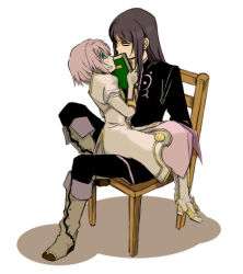 Rule 34 | 00s, 1boy, 1girl, black hair, blush, book, boots, estellise sidos heurassein, gloves, green eyes, grey footwear, knee boots, long hair, pink hair, short hair, sitting, sitting on lap, sitting on person, sonoutine, tales of (series), tales of vesperia, white background, yuri lowell
