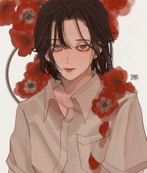 Rule 34 | 1boy, anemone (flower), bishounen, bob cut, brown eyes, buttons, closed mouth, collared shirt, commentary request, constricted pupils, flower, hair between eyes, highres, kagoya1219, looking at viewer, male focus, original, red flower, sanpaku, shirt, short sleeves, signature, simple background, solo, upper body, white background, white shirt