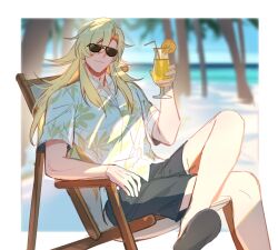 Rule 34 | 1boy, beach, beach chair, black shorts, blonde hair, blue sky, closed mouth, crossed legs, cup, floral print, food, fruit, hair between eyes, hawaiian shirt, highres, holding, holding cup, honkai (series), honkai impact 3rd, long hair, looking at viewer, male focus, manbu72747, ocean, orange (fruit), orange slice, palm tree, sandals, shirt, shorts, sitting, sky, solo, sunglasses, tree, tropical drink, void archives (honkai impact)