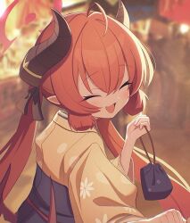 Rule 34 | 1girl, ahoge, atat250, bag, blue archive, blurry, blurry background, blush, closed eyes, drawstring bag, facing viewer, fang, hakama, halo, highres, holding, holding bag, horns, japanese clothes, junko (blue archive), junko (new year) (blue archive), kimono, kinchaku, long hair, long sleeves, looking back, open mouth, outdoors, pointy ears, pouch, red hair, sidelocks, skin fang, smile, solo, twintails, upper body, yellow kimono