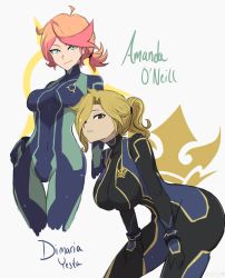 Rule 34 | 2girls, amanda o&#039;neill, blonde hair, bodysuit, breasts, brown eyes, character name, cosplay, dimaria yesta, fairy tail, feet out of frame, green eyes, hair over one eye, highres, large breasts, leaning forward, little witch academia, looking at viewer, medium breasts, metroid, multicolored hair, multiple girls, nintendo, omiza somi, orange hair, ponytail, red hair, samus aran, samus aran (cosplay), short hair, skin tight, smile, two-tone hair, zero suit