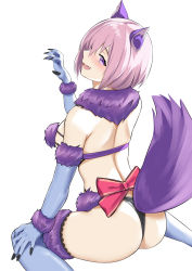 Rule 34 | 1girl, absurdres, animal ears, ass, bare shoulders, bee doushi, bow, breasts, claw pose, elbow gloves, fate/grand order, fate (series), fur-trimmed gloves, fur-trimmed legwear, fur collar, fur trim, gloves, hair over one eye, highres, lace, lace-trimmed legwear, lace trim, large breasts, light purple hair, looking at viewer, looking back, mash kyrielight, mash kyrielight (dangerous beast), open mouth, pink bow, purple eyes, purple gloves, purple thighhighs, revealing clothes, short hair, sitting, smile, solo, tail, thighhighs, wariza, wolf ears, wolf tail