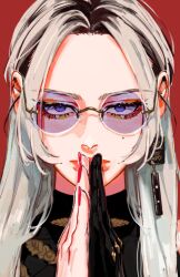 Rule 34 | 1girl, absurdres, black gloves, black hair, closed mouth, commentary, earrings, gloves, gokurakugai, grey hair, highres, jewelry, long hair, looking at viewer, makeup, mascara, mole, multicolored hair, nikeyze 11, red background, red nails, roots (hair), round eyewear, sidelocks, simple background, single glove, solo, sunglasses, tao (gokurakugai), tinted eyewear