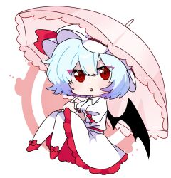 Rule 34 | 1girl, bat wings, blue hair, bow, commentary, footwear bow, full body, hat, hat ribbon, highres, holding, holding umbrella, light blue hair, looking at viewer, mob cap, open mouth, pink umbrella, pino5563, red eyes, red footwear, red ribbon, remilia scarlet, ribbon, shirt, short hair, short sleeves, skirt, solo, touhou, umbrella, white hat, white shirt, white skirt, wings