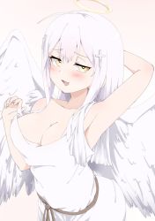 Rule 34 | 1girl, angel, angel wings, arm behind head, armpits, blush, breasts, cleavage, cross hair ornament, gabriel dropout, h51meringue, hair ornament, halo, large breasts, long hair, open mouth, raphiel shiraha ainsworth, robe, rope belt, smile, solo, strap slip, white hair, white robe, wings, yellow eyes
