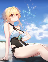 Rule 34 | 1girl, absurdres, adapted costume, arm support, bad id, bad pixiv id, beach, blonde hair, blush, breasts, cleavage, cloud, criss-cross halter, flower, genshin impact, hair flower, hair ornament, halterneck, highres, looking at viewer, lumine (genshin impact), medium breasts, one-piece swimsuit, sand, short hair with long locks, side-tie swimsuit, sitting, sky, solo, swimsuit, tai (e3d1p), white flower, yellow eyes