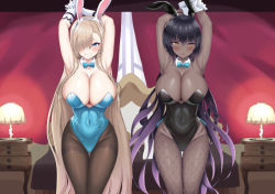 2girls animal_ears aqua_leotard armpit_crease arms_behind_head arms_up asuna_(blue_archive) asuna_(bunny)_(blue_archive) bed bedroom black_hair black_headband black_leotard blue_archive blush bow bowtie breasts cleavage covered_navel curtains dark-skinned_female dark_skin detached_collar fake_animal_ears fishnet_legwear fishnets gloves groin hair_between_eyes hair_over_one_eye hair_over_shoulder headband high_ponytail highleg highleg_leotard highres huge_breasts karin_(blue_archive) karin_(bunny)_(blue_archive) lamp large_breasts leotard long_hair md5_mismatch mole mole_on_breast moni_pai multicolored_hair multiple_girls official_alternate_costume open_mouth pantyhose parted_lips playboy_bunny ponytail purple_hair resolution_mismatch room side_ponytail source_larger stomach strapless strapless_leotard streaked_hair teeth thigh_gap thighs traditional_bowtie two-tone_hair very_long_hair white_gloves white_headband wrist_cuffs