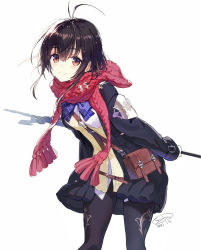Rule 34 | 1girl, black hair, black jacket, black pantyhose, blush, breasts, brown cardigan, brown eyes, cardigan, closed mouth, commentary request, dated, fringe trim, hair between eyes, highres, holding, holding sword, holding weapon, jacket, leaning forward, long hair, long sleeves, looking at viewer, open clothes, open jacket, original, pantyhose, red scarf, sanbasou, scarf, school uniform, shirt, signature, simple background, sleeves past wrists, small breasts, smile, solo, sword, sword behind back, weapon, white background, white shirt