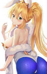 Rule 34 | 1girl, absurdres, ahoge, albi, animal ears, artoria pendragon (all), artoria pendragon (fate), artoria pendragon (lancer) (fate), artoria pendragon (swimsuit ruler) (fate), ass, bare shoulders, blonde hair, blue pantyhose, blush, braid, breasts, closed mouth, fake animal ears, fake tail, fate/grand order, fate (series), fishnet pantyhose, fishnets, french braid, from behind, fur, greyscale, highres, large breasts, leaning forward, leotard, long hair, looking at viewer, looking back, monochrome, pantyhose, playboy bunny, pointing, pointing at self, ponytail, rabbit ears, rabbit tail, shawl, sideboob, simple background, solo, strapless, strapless leotard, tail, very long hair, white background, white leotard