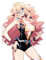Rule 34 | 1girl, black jumpsuit, black nails, blonde hair, blue eyes, boots, breasts, cleavage, collarbone, cosplay, glasses, hand on own hip, head tilt, heart, jumpsuit, kinako (462), long hair, macross, macross 7, macross frontier, medium breasts, nail polish, nekki basara, nekki basara (cosplay), one eye closed, round eyewear, sheryl nome, smile, solo, thigh boots, thighhighs, uta macross sumaho deculture, v