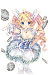 Rule 34 | 1girl, ahoge, blonde hair, blue eyes, breasts, charlotte (soccer spirits), cleavage, coin, dress, drill hair, gloves, hair ornament, hand on own hip, highres, large breasts, long hair, looking at viewer, open mouth, outstretched hand, pointy ears, ratise, soccer spirits, solo, standing, transparent background, twin drills, twintails, white gloves, white legwear