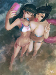 Rule 34 | 21yc (september breeze), 2girls, alternate costume, animal print, asymmetrical docking, bandeau, barefoot, bikini, blue bikini, breast press, breasts, brown eyes, brown hair, blowing bubbles, cellphone, chewing gum, choker, cleavage, clothes writing, collarbone, d.va (overwatch), eyebrows, eyeliner, facepaint, facial mark, fat mons, feet, fingernails, food, food in mouth, from above, full body, groin, hair bun, hair ornament, hair stick, highres, holding, holding phone, innertube, large breasts, long fingernails, long hair, looking at viewer, makeup, mei (overwatch), mismatched bikini, multiple girls, nail polish, navel, overwatch, overwatch 1, partially visible vulva, phone, pink bikini, pink lips, pink nails, popsicle, print bikini, pussy, pussy peek, rabbit print, realistic, selfie, shallow water, sharp fingernails, side-tie bikini bottom, signature, single hair bun, small breasts, smartphone, standing, swept bangs, swim ring, swimsuit, taking picture, underboob, v, wading, water, whisker markings, white bikini