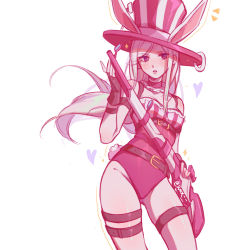 Rule 34 | 1girl, animal ears, artist name, bare arms, bare shoulders, belt, breasts, caitlyn (league of legends), collar, commentary request, contrapposto, fingerless gloves, frilled collar, frills, gloves, gun, hat, heart, highres, holding, holding gun, holding weapon, league of legends, leotard, long hair, looking away, open mouth, pink eyes, pink hat, pink leotard, playboy bunny, rabbit ears, rifle, ruan chen yue, scope, solo, thigh strap, weapon, white hair