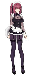 Rule 34 | 1girl, adapted costume, alternate costume, apron, black dress, blush, dress, enmaided, evan yang, eyes visible through hair, fate/grand order, fate (series), frilled apron, frills, full body, hair between eyes, highres, holding, holding tray, long hair, maid, maid apron, maid headdress, pantyhose, ponytail, purple hair, red eyes, scathach (fate), see-through, see-through sleeves, shoes, simple background, solo, standing, thighhighs, tray, waist apron, white apron, white background, wrist cuffs