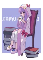 Rule 34 | 1girl, blush, book, chair, crescent, crescent pin, cup, dress, highres, hiyaya (kochi michikaze), holding, holding cup, long hair, long sleeves, parted lips, patchouli knowledge, purple eyes, purple hair, shoes, sitting, solo, touhou, white dress, white footwear, wide sleeves