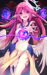 Rule 34 | 1girl, angel wings, breasts, commentary request, spiked halo, crop top, cross, feathered wings, gloves, gradient hair, halo, highres, jibril (no game no life), large breasts, long hair, looking at viewer, low wings, magic, magic circle, midriff, multicolored hair, navel, no game no life, open mouth, pink hair, round teeth, solo, symbol-shaped pupils, tattoo, teeth, thighhighs, very long hair, white wings, wing ears, wings, yellow eyes, yunweishukuang