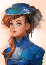 Rule 34 | 1girl, blue eyes, brown hair, dress, face, hat, highres, lips, original, realistic, retro artstyle, sakimichan, sketch, solo, victorian