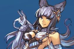 Rule 34 | 1girl, animal ears, blue background, blue eyes, blunt bangs, closed mouth, commentary request, elbow gloves, gloves, granblue fantasy, hand up, headgear, holding, hungry clicker, korwa, long hair, looking at viewer, quill, simple background, smile, solo, upper body