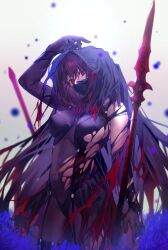 Rule 34 | 1girl, black mask, bodysuit, breasts, covered mouth, fate/grand order, fate (series), flower, gae bolg (fate), hair between eyes, hair intakes, hibiscus, highres, hiro (hirohiro gorira), holding, large breasts, long hair, looking at viewer, mask, mouth mask, polearm, purple bodysuit, purple hair, red eyes, scathach (fate), solo, spear, thighs, torn bodysuit, torn clothes, very long hair, weapon