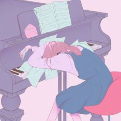 Rule 34 | 1girl, black dress, brown hair, dress, envelope, feathers, feet out of frame, female focus, hand on own head, highres, instrument, long hair, long sleeves, original, piano, pleated dress, rasukusekai, sheet music, shirt, sitting, solo, white feathers, white shirt