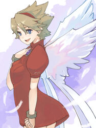 Rule 34 | 1girl, angel wings, blonde hair, blue eyes, bracelet, breasts, breath of fire, breath of fire iii, dress, feathered wings, feathers, hairband, highres, jewelry, looking at viewer, medium breasts, nina (breath of fire iii), ooiwa (irc14786149), open mouth, puffy sleeves, red dress, short hair, skirt, smile, solo, white wings, wings