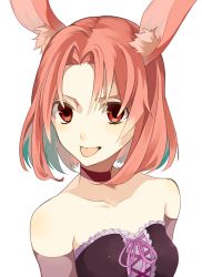 Rule 34 | 1girl, animal ear fluff, animal ears, bare shoulders, chisumi, choker, corset, elbow gloves, gloves, grey gloves, looking at viewer, original, parted bangs, pink ribbon, rabbit ears, red choker, red eyes, red hair, ribbon, short hair, simple background, solo, tongue, tongue out, upper body, white background