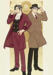 Rule 34 | 2boys, ace attorney, adjusting eyewear, ascot, black-framed eyewear, black footwear, black pants, black vest, brown coat, brown headwear, coat, collared shirt, father and son, fedora, formal, frown, full body, glasses, gregory edgeworth, grey eyes, grey hair, hand in pocket, hand on eyewear, hand on headwear, hand on own hip, hand up, hat, highres, jacket, long sleeves, looking at viewer, male focus, mature male, miles edgeworth, multiple boys, necktie, pants, red jacket, red necktie, red pants, red suit, shirt, shoes, short hair, smile, standing, suit, time paradox, vest, white ascot, white shirt, wwwsumiso