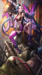 Rule 34 | 1girl, :d, arm tattoo, bandaid, bandaid on knee, bandaid on leg, bare shoulders, black nails, blue hair, blurry, blurry foreground, boots, box (hotpppink), braid, breasts, bullet, bullet necklace, character name, fingerless gloves, gloves, graffiti, highres, holding, holding weapon, jinx (league of legends), knee boots, league of legends, long hair, looking at viewer, nail polish, navel, open mouth, pink eyes, rocket launcher, single thighhigh, sitting, small breasts, smile, solo, tattoo, teeth, thighhighs, twin braids, upper teeth only, very long hair, watermark, weapon, web address