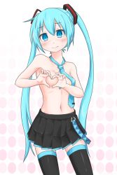 Rule 34 | 1girl, aqua eyes, aqua hair, black skirt, black theme, black thighhighs, blush, breasts, covering nipples, covering privates, cowboy shot, embarrassed, hair between eyes, hatsune miku, hatsune negame, heart, heart-shaped boob challenge, heart hands, highres, long hair, naked necktie, navel, necktie, pleated skirt, skirt, small breasts, solo, thighhighs, topless, twintails, very long hair, vocaloid